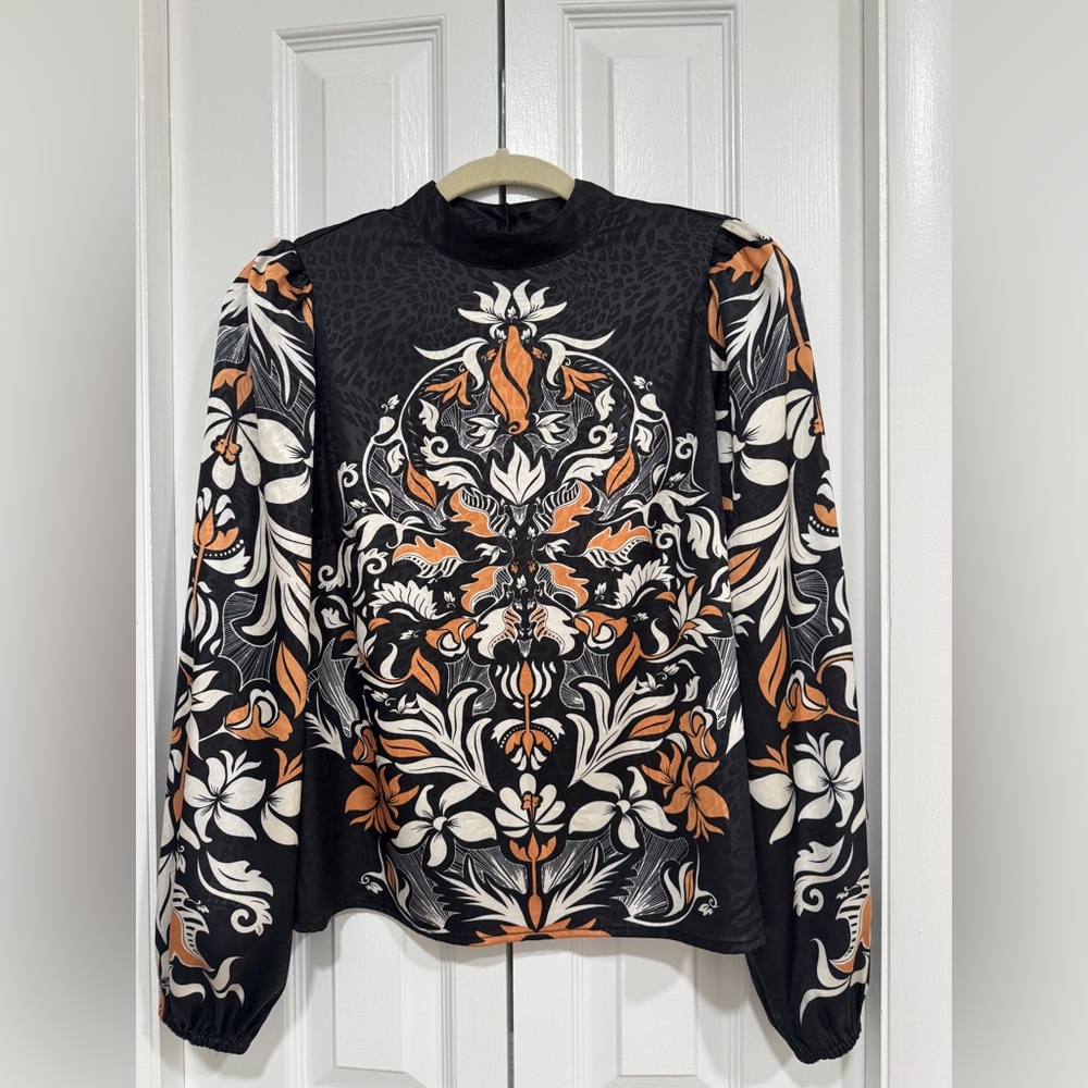 Joie Black and White Graphic Blouse with Mandarin Collar